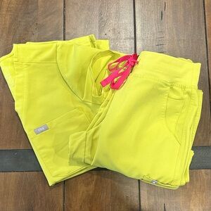 Figs Lime Yellow Scrub Set with Pink Ties